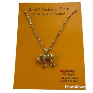 Lucky Feather Horse Charm Necklace 14k Gold Adjustable Chain 16-20”